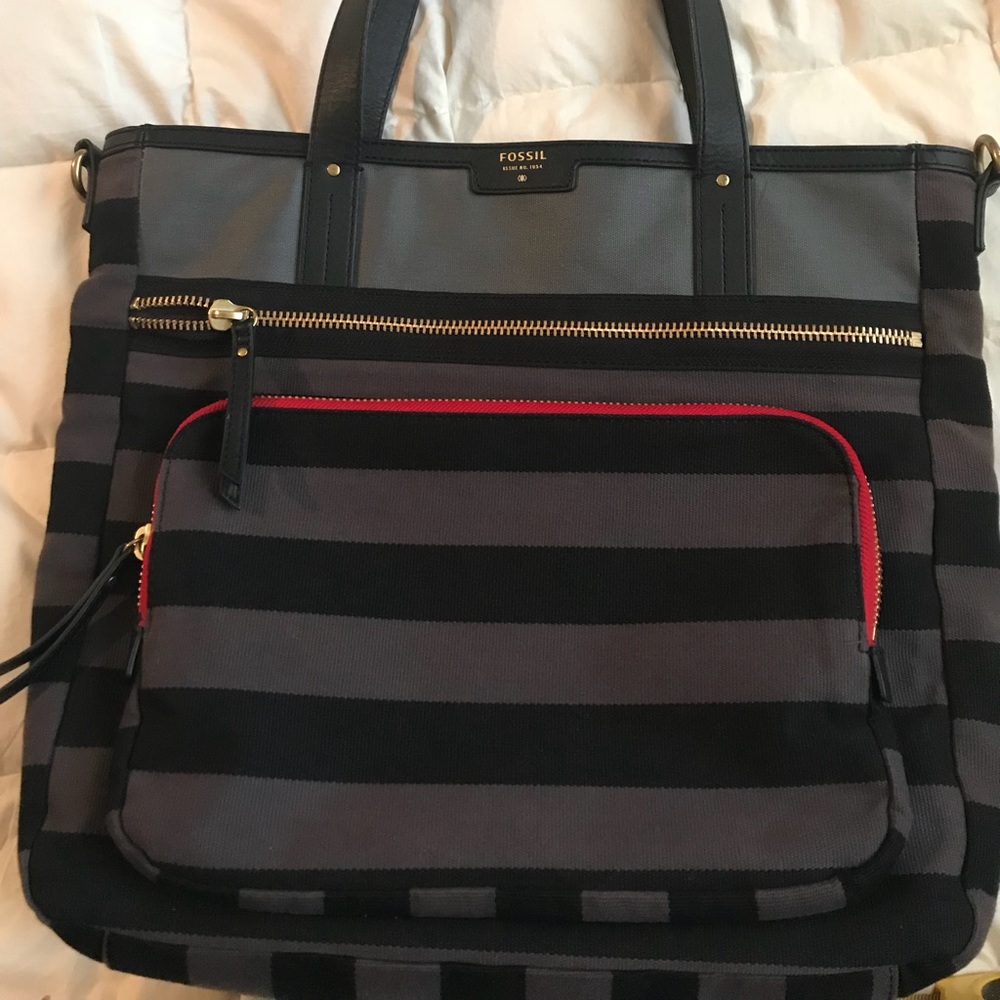 Black and grey striped Fossil Brand Tote/crossbody